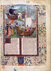 B.N.Ms. Fr 103 f.1 Tristan en Isolde verlaten Ierland; Tristan drinkt de toverdrank; de lichamen van Tristan en Isolde worden naar Ierland gebracht, vertaald door Luce de Gast